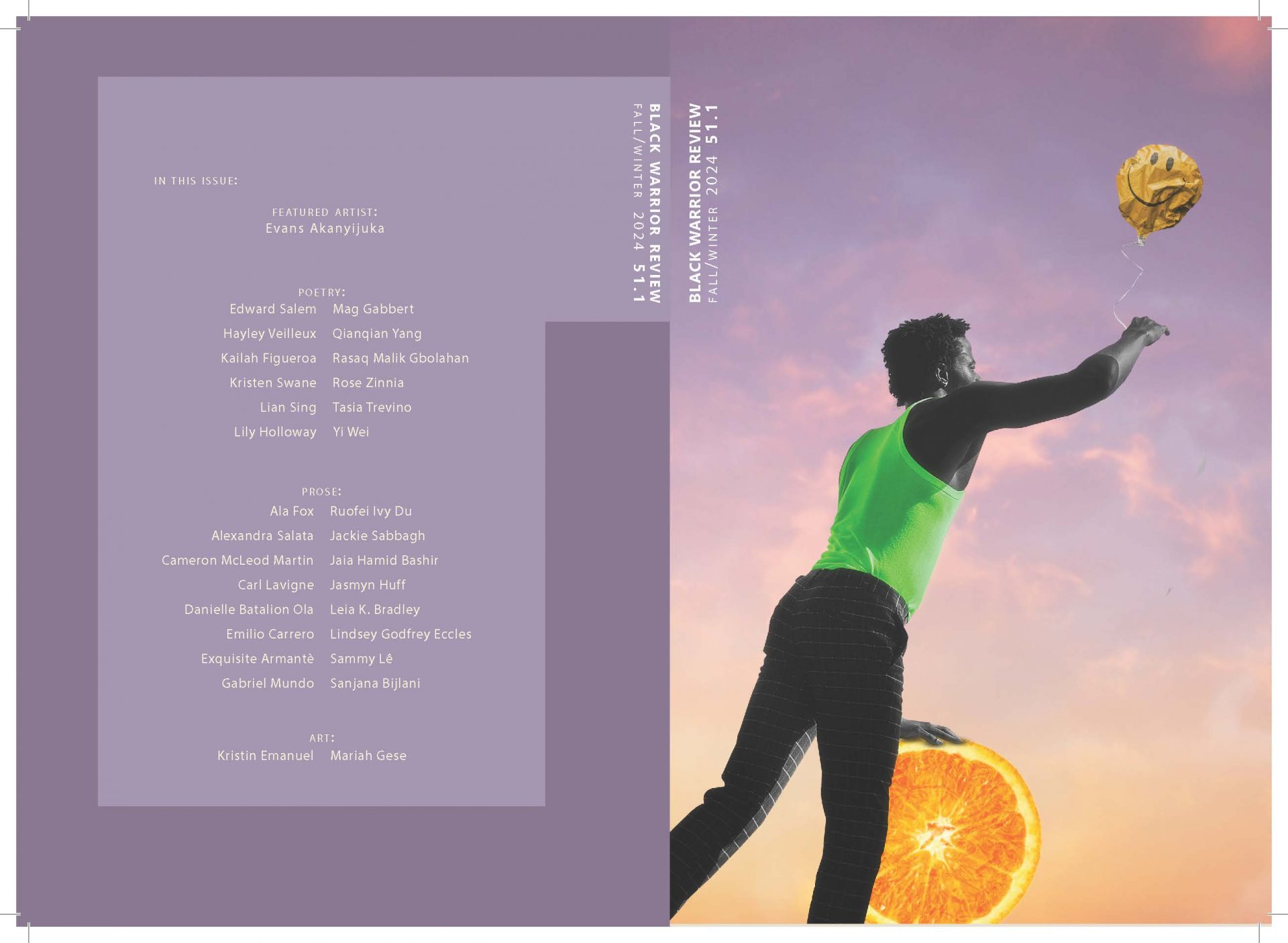 A Black man in a green tank top and black pants holds a crumpled balloon with a smiley against a dreamy purple sky. At his, he has a palm placed over a bright orange with its cross-section facing the viewer. The overall atmosphere is dreamy and colorful. At the top left corner is the following text: BLACK WARRIOR REVIEW FALL/WINTER 2024 51.1